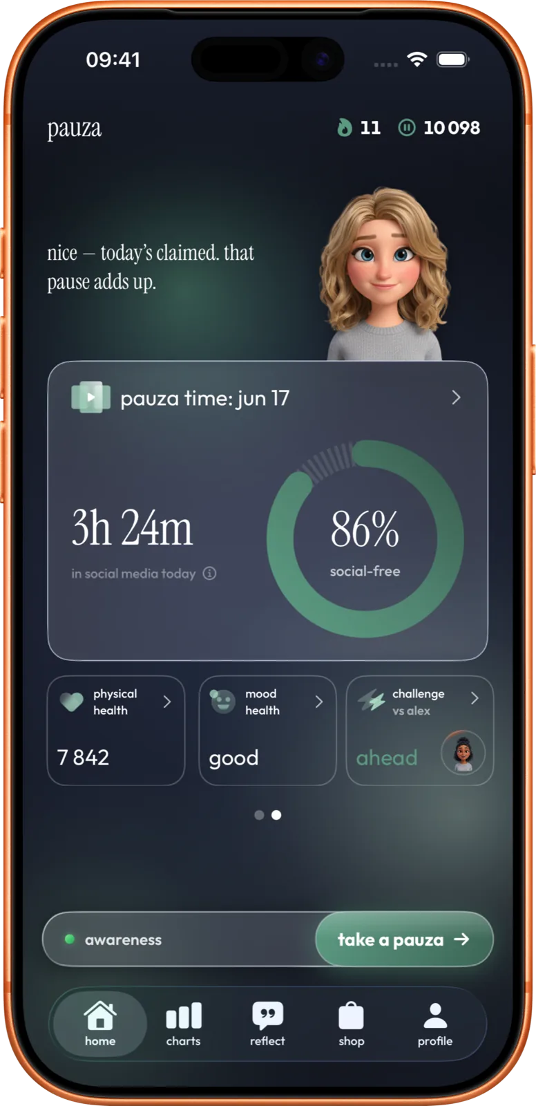 Pauza app home screen — daily social time, tokens, and a live friend challenge