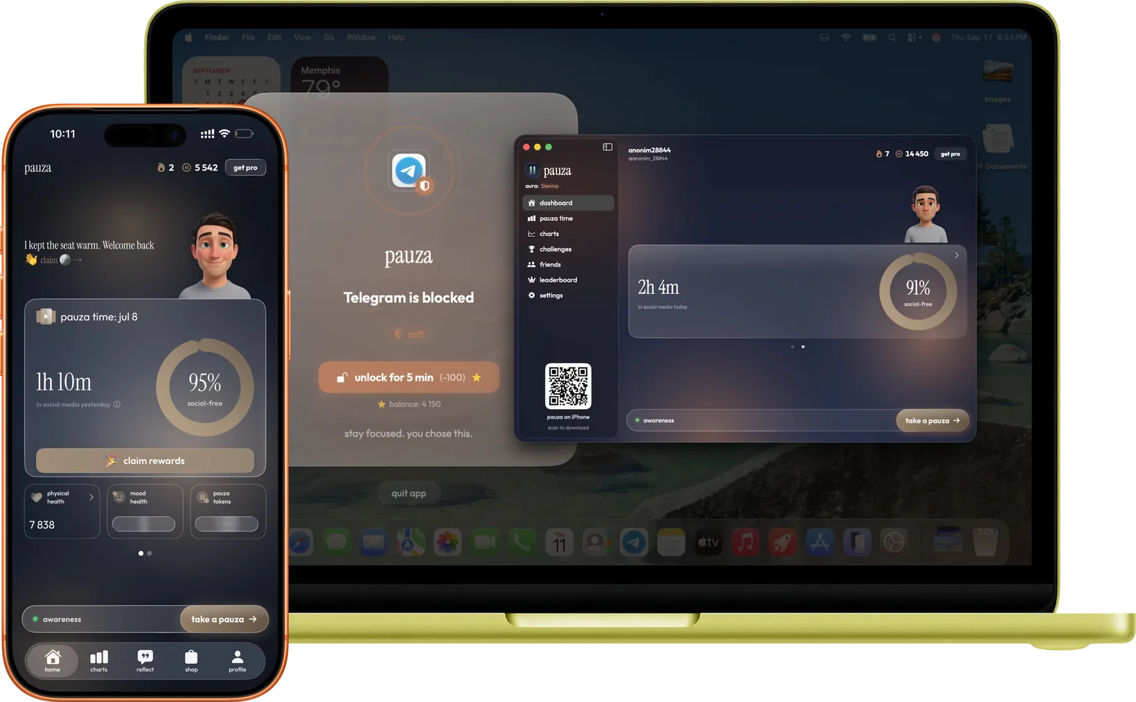 pauza on iPhone and Mac — blocked app screen and synced dashboard