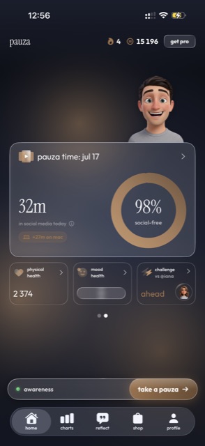 pauza home — avatar, daily social media time and social-free ring