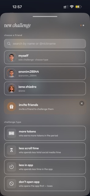new challenge screen — pick a friend and a challenge type: more tokens, less scroll time, less in app, don't open app