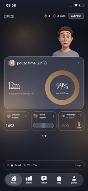 pauza home with an active friend challenge and hard mode timer running