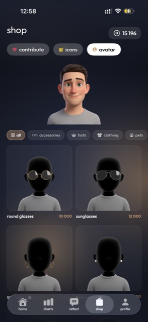 avatar shop — spend earned tokens on accessories for the claymation avatar