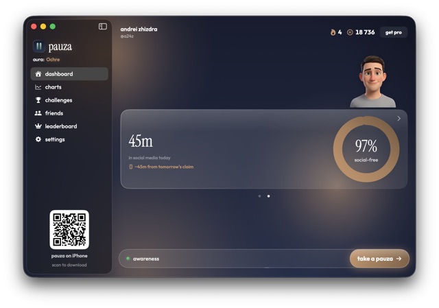 pauza on Mac — dashboard with social-free ring, challenges and friends